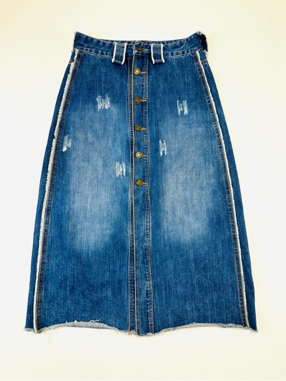 Denim Midi Skirt Distressed Button Front Raw Hem Vintage 90s Grunge Casual XS